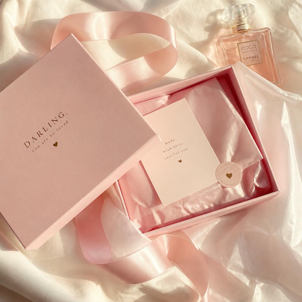 Pink gift box with ribbon and tissue paper being unboxed